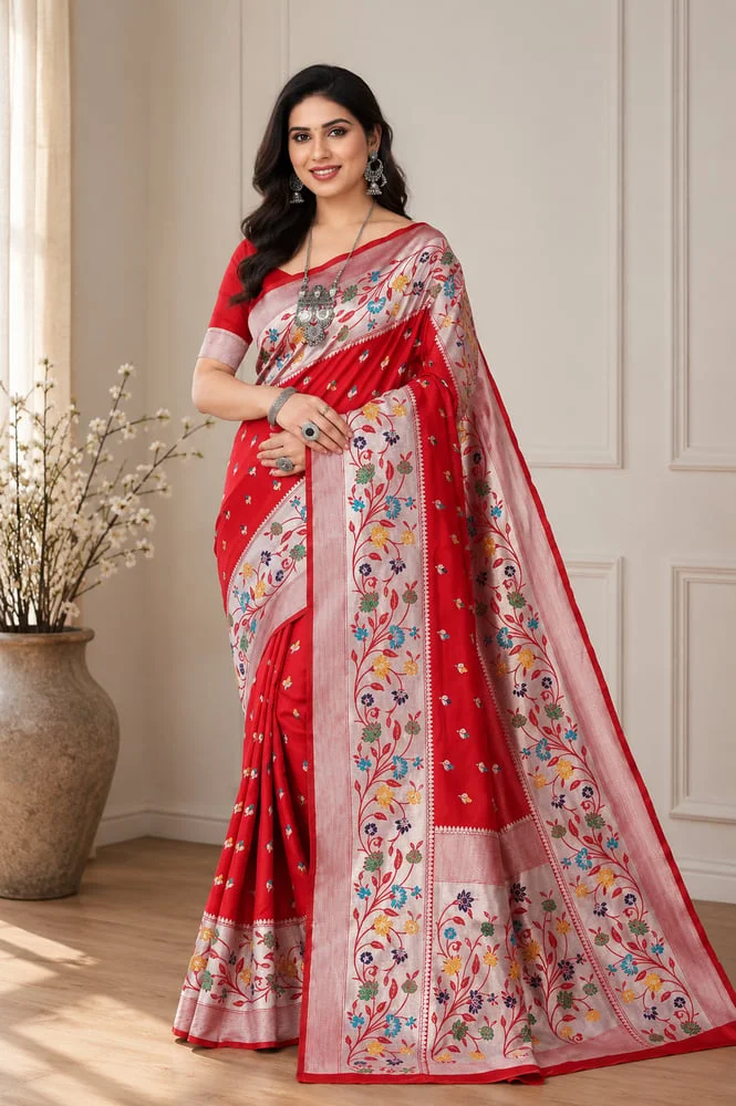 Red Embroidered Saree with Silver Border